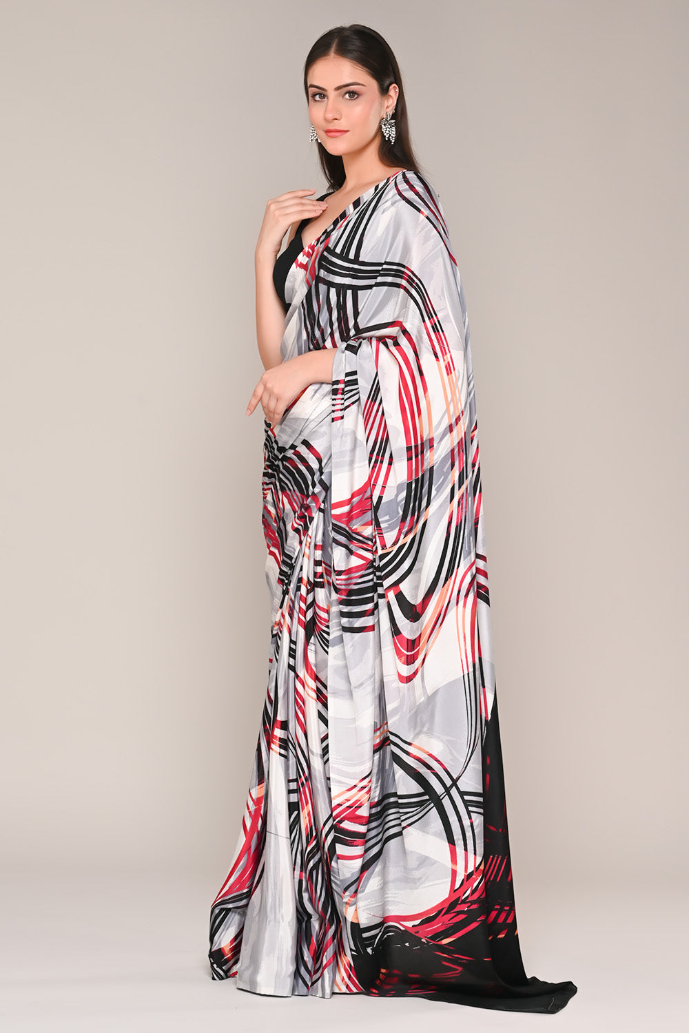 Grey Color Abstract Printed Crepe Saree