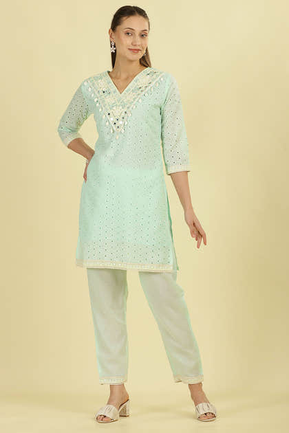 Mint Blue  Cotton Hacoba Style Neck-Embroidered Kurta Set