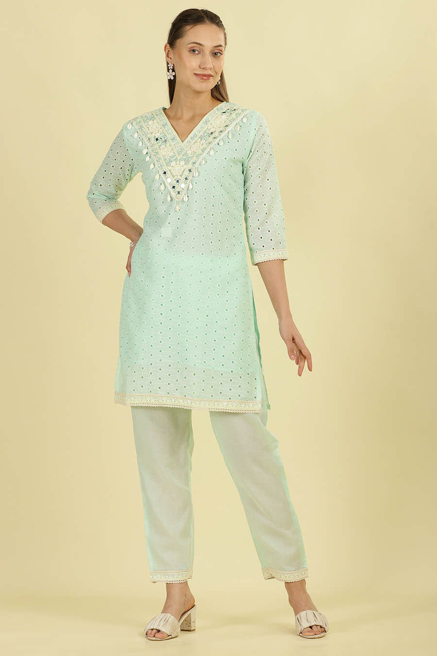 Mint Blue  Cotton Hacoba Style Neck-Embroidered Kurta Set