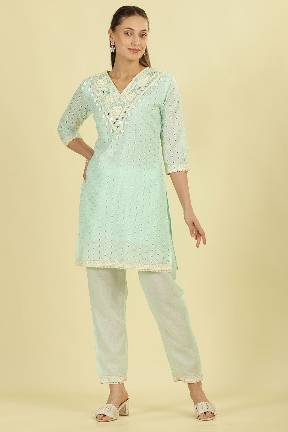 Mint Blue  Cotton Hacoba Style Neck-Embroidered Kurta Set