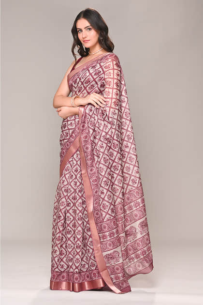 Cream & Rust Color Cotton Silk Printed Saree