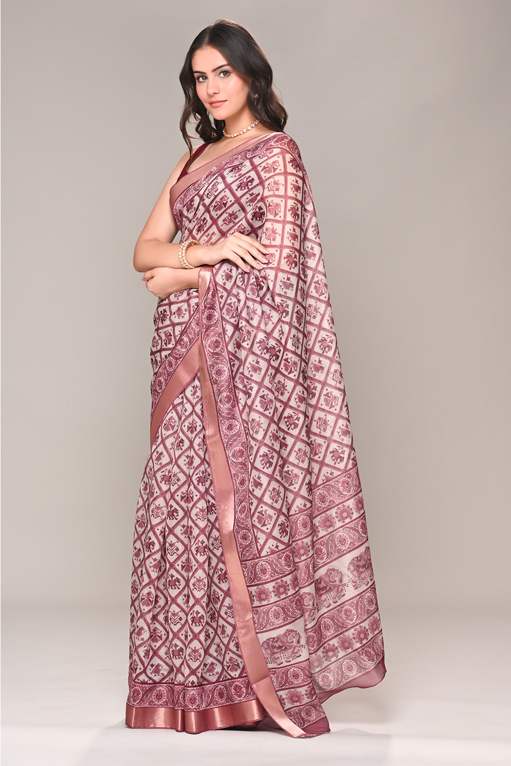 Cream & Rust Color Cotton Silk Printed Saree