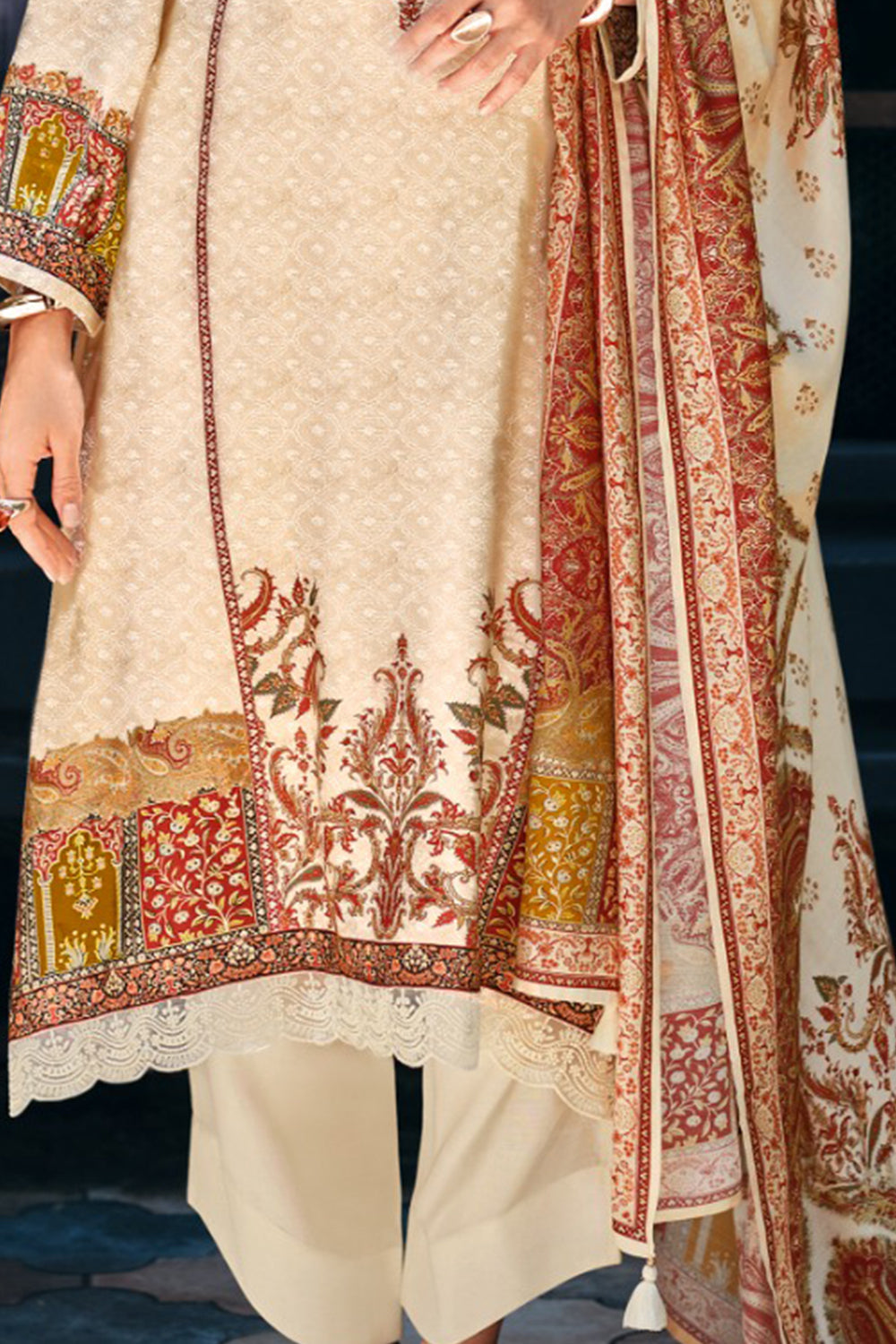 Cream Silk Woven And Printed Unstitched Suit Material
