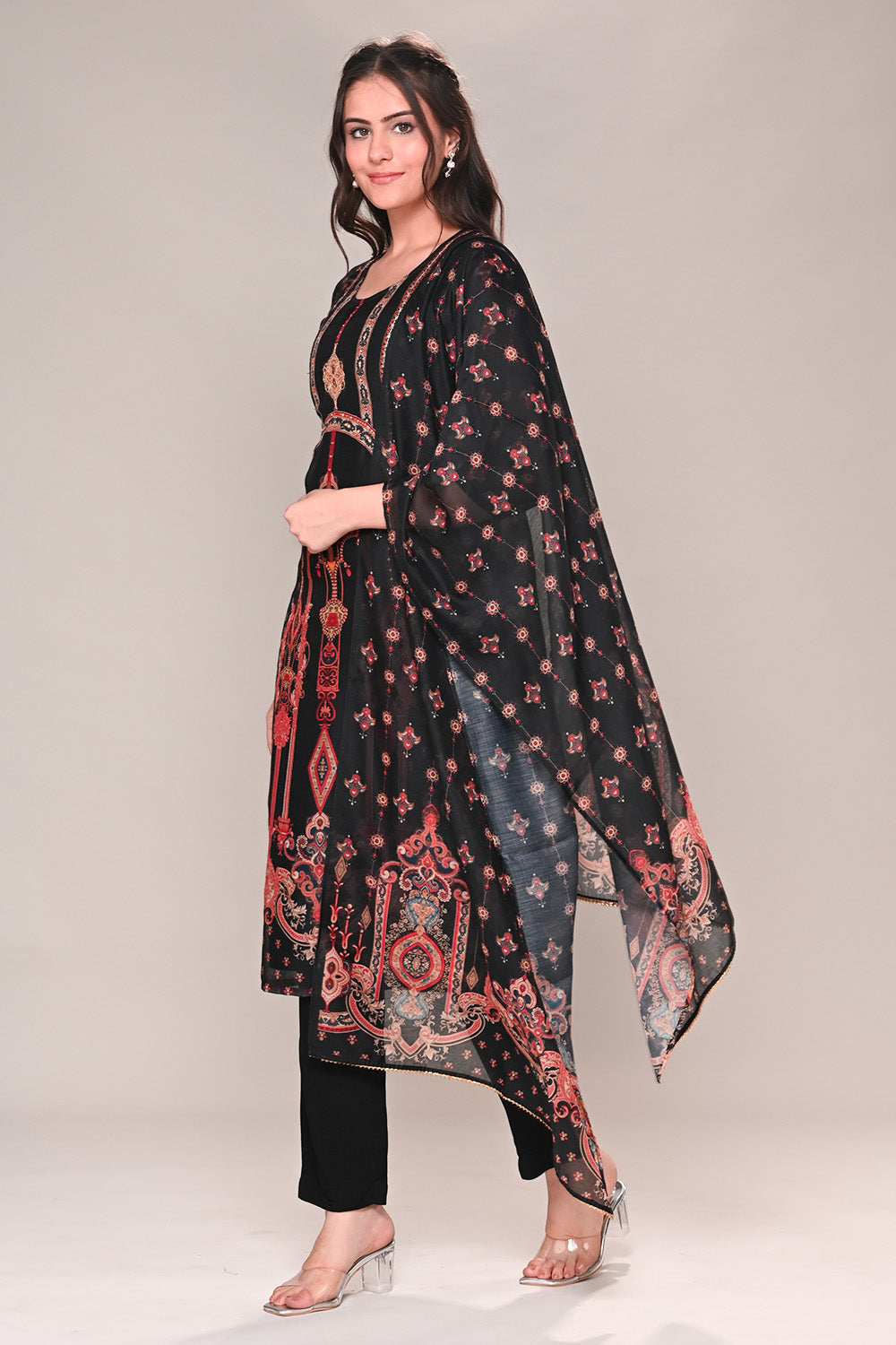 Black Chanderi Silk Printed Straight Suit