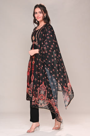 Black Chanderi Silk Printed Straight Suit