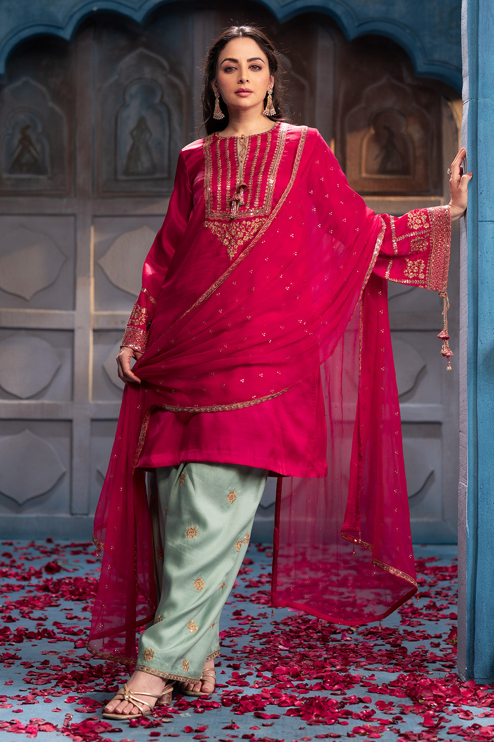 Cherry Red Sequins And Zari Embroidered Silk Suit Set
