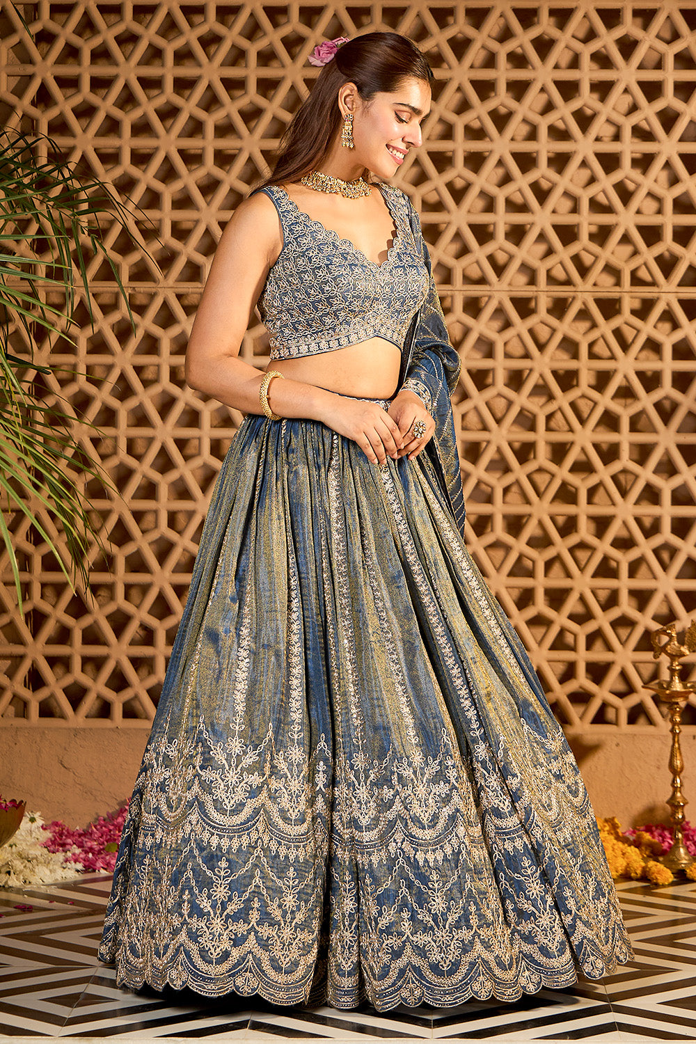 Blue Tissue Silk Embroidered Lehanga