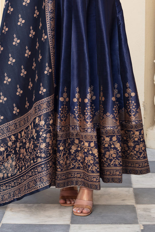 Navy Silk Printed Anarkali Suit
