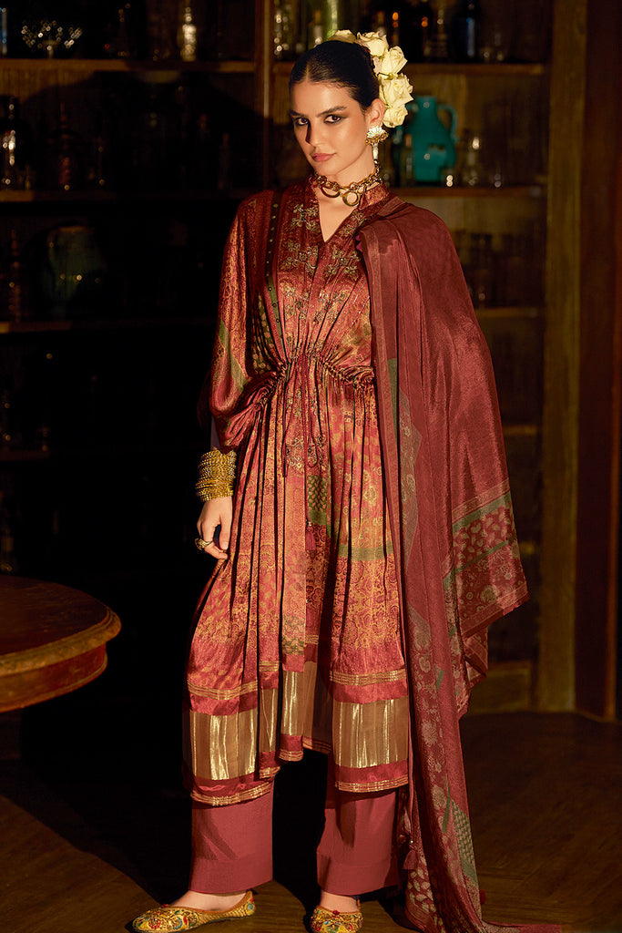 Maroon Spun Printed Unstitched Suit Material