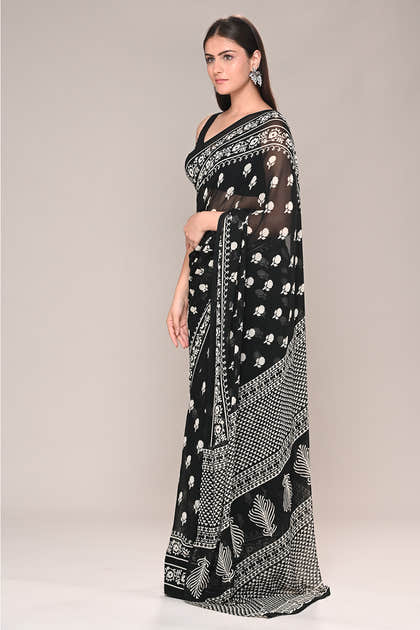 Black Color Printed Georgette Saree