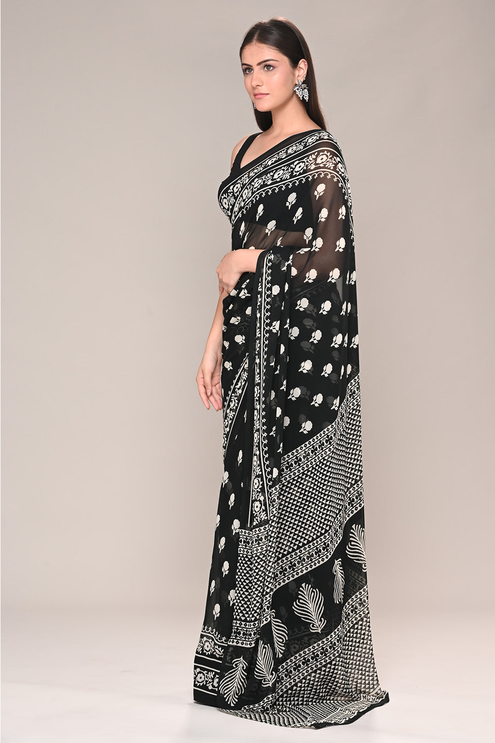 Black Color Printed Georgette Saree