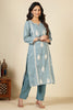Blue Cotton Emboridered And Printed Suit Set