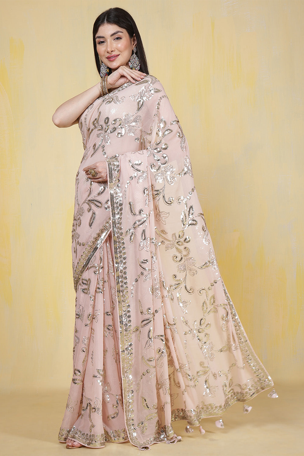 Dusty Pink Sequins Embroidered Georgette Saree
