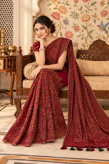 Maroon Heavy Embroidered Georgette Saree