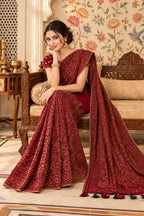 Maroon Heavy Embroidered Georgette Saree