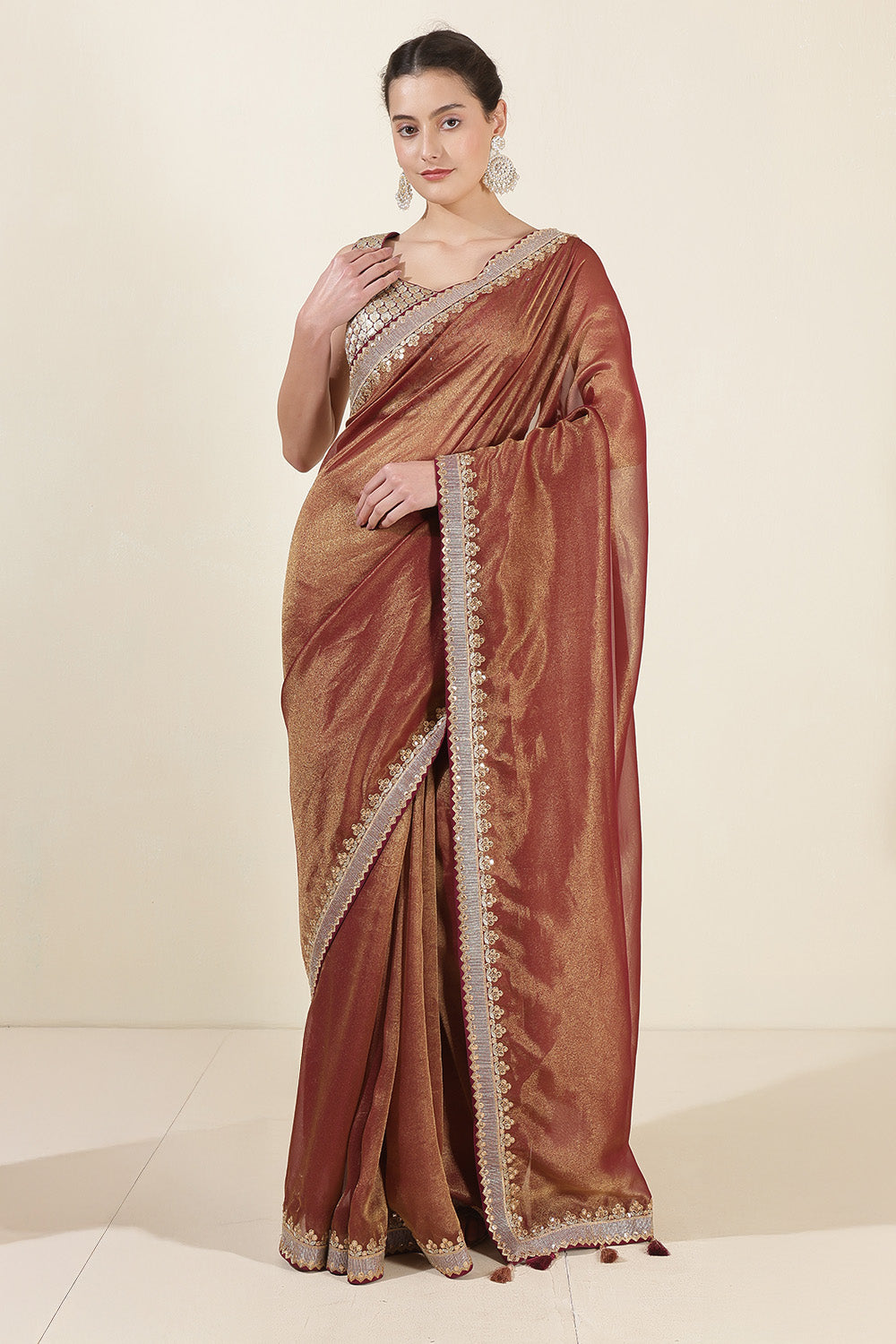 Wine & Golden Mantellic Tissue Embroidered Saree with Readymade Blouse