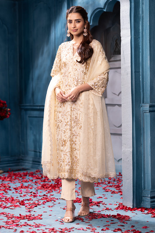 Cream Metallic Tissue Cut-dana And Sequins Embroidered Suits
