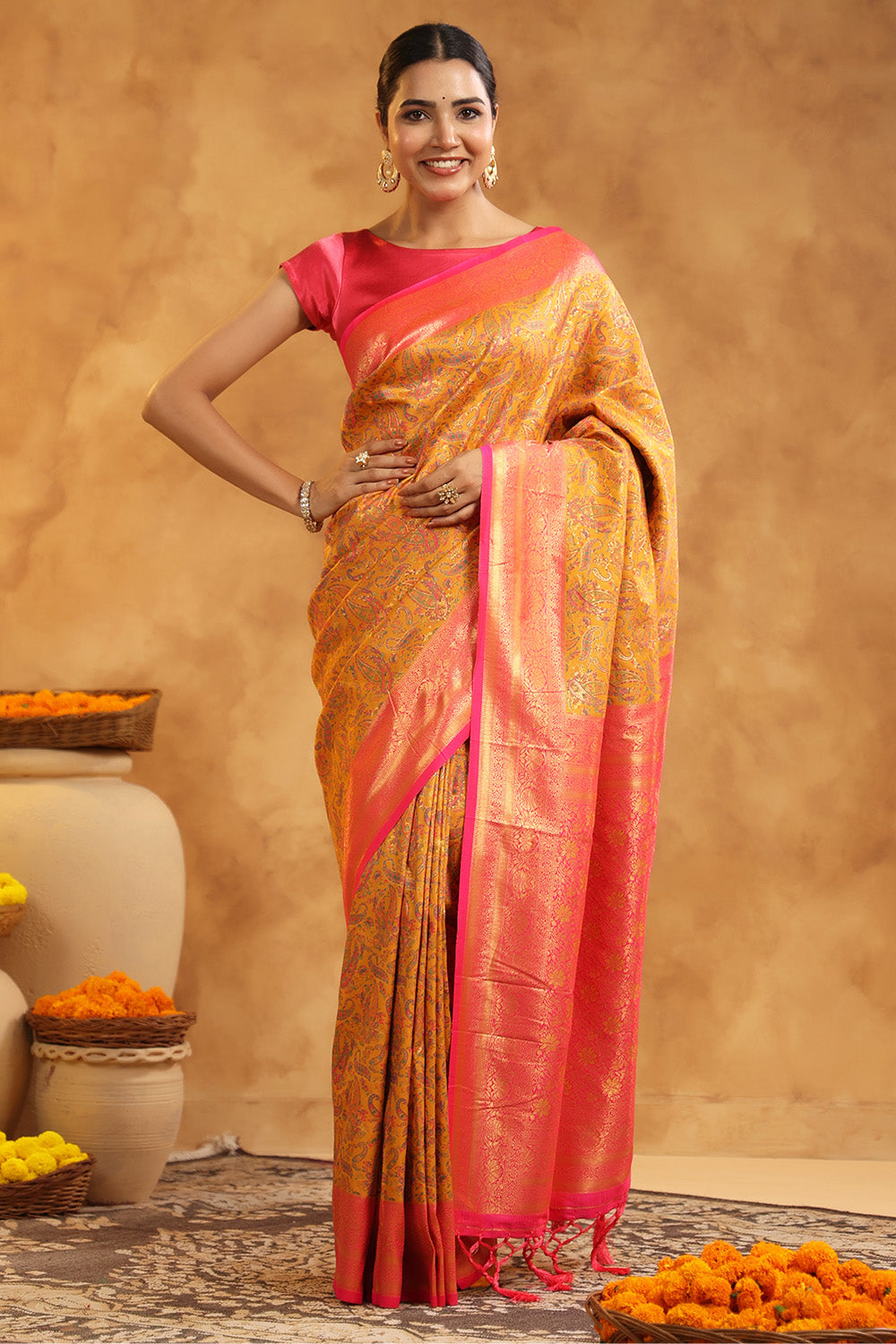 Mustard Color Resham Woven Saree