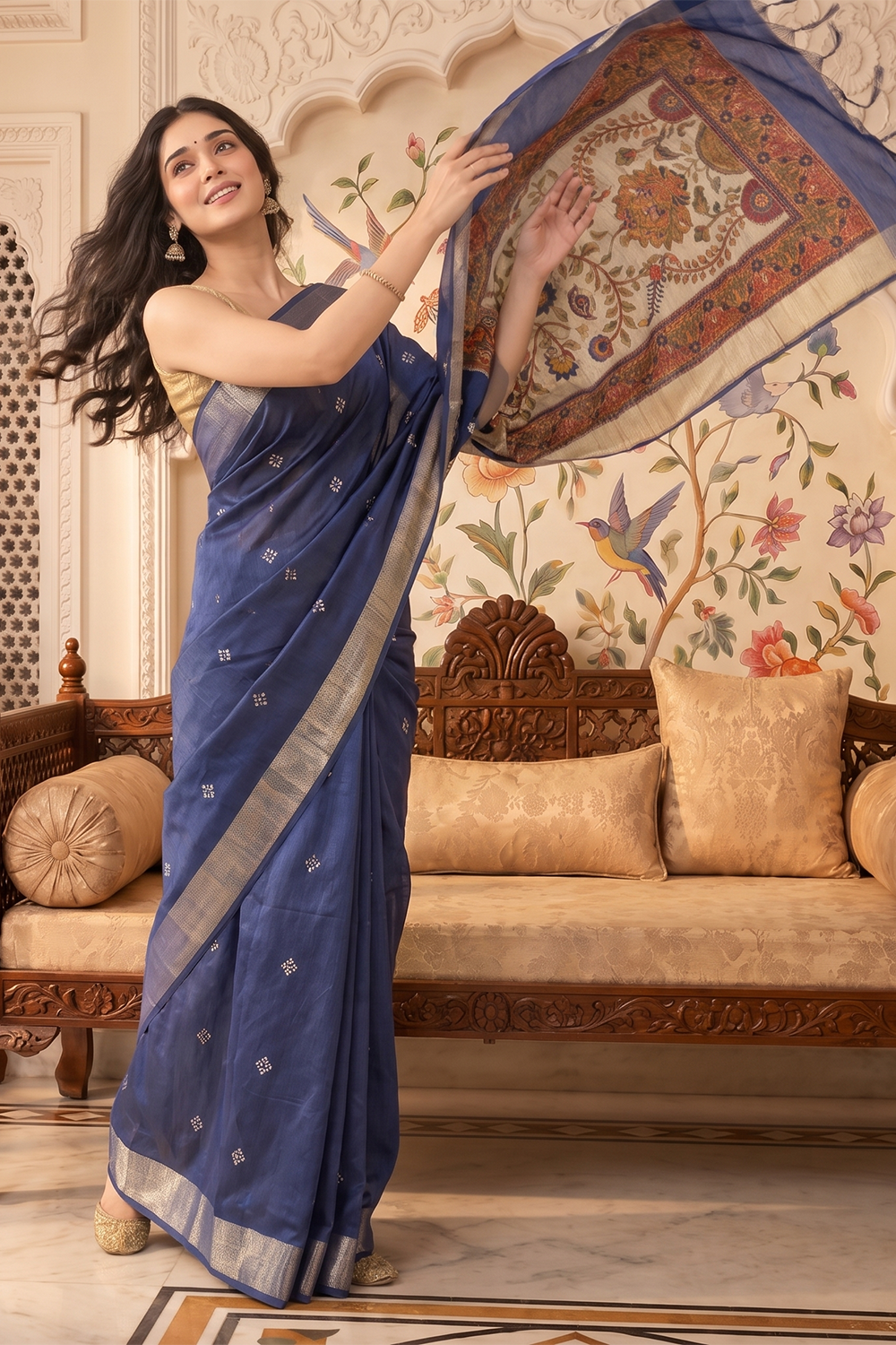 Navy Cotton Printed And Woven Border Saree