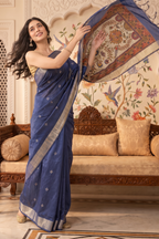 Navy Cotton Printed And Woven Border Saree