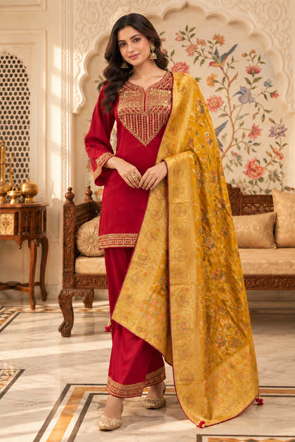 Rani Silk Embroidered Unstitched Suit Material With Banarsi Dupatta
