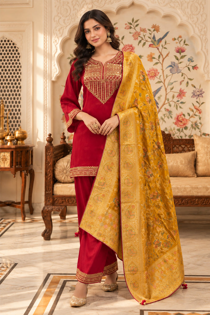 Rani Silk Embroidered Unstitched Suit Material With Banarsi Dupatta