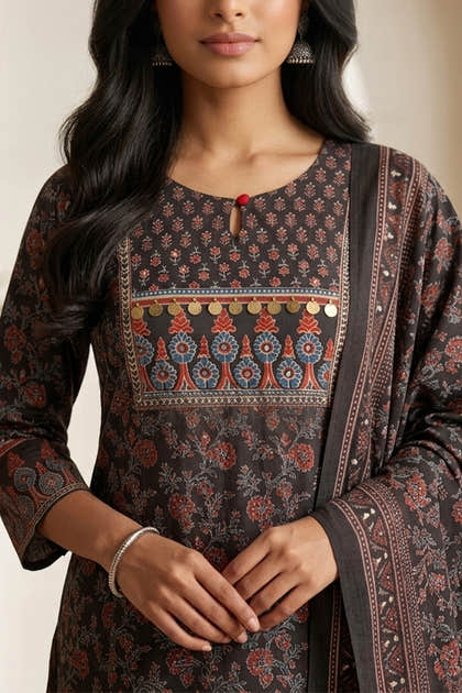 Black Color Cotton Floral Printed Suit