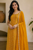 Mustard Crepe Silk Embroidered And Floral Printed Unstitched Suit Material