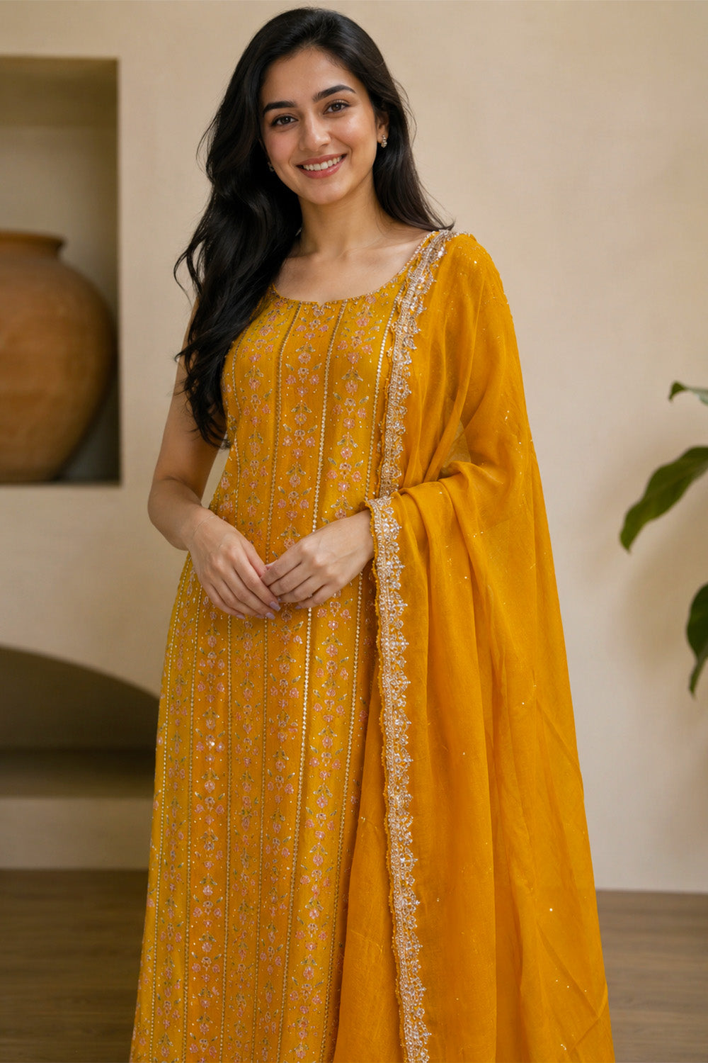 Mustard Crepe Silk Embroidered And Floral Printed Unstitched Suit Material