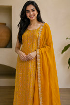 Mustard Crepe Silk Embroidered And Floral Printed Unstitched Suit Material
