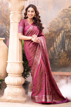Wine Cotton Silk Floral Resham & Zari Wovern Saree