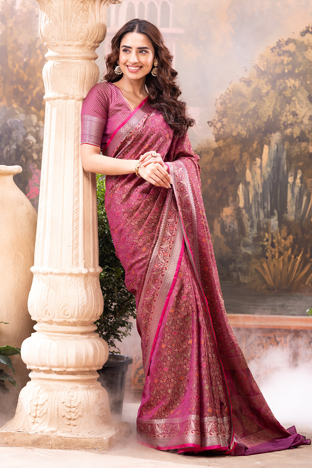 Wine Cotton Silk Floral Resham & Zari Wovern Saree