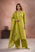 Green Cotton Woven Straight Suit