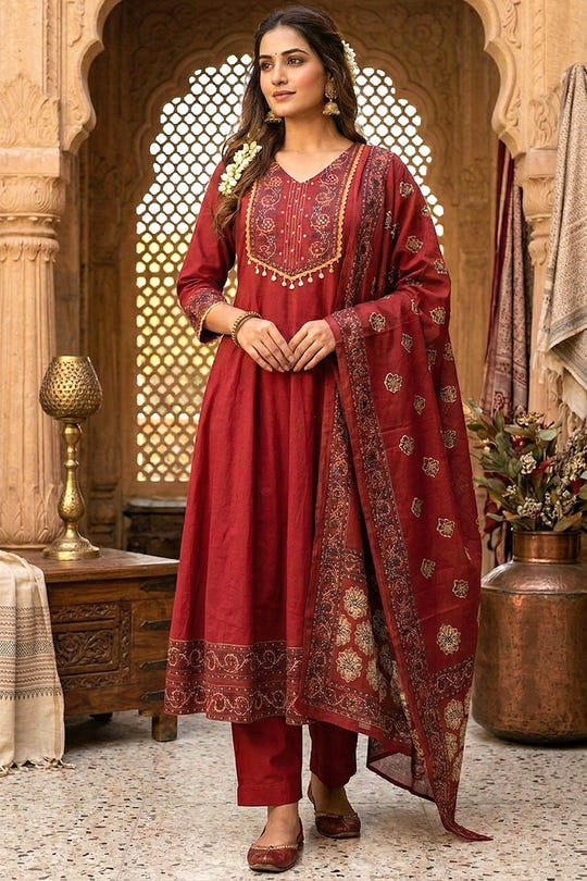Maroon Printed cotton Anarkali Suit