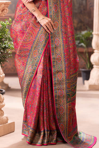 Magenta Pink Position Print Woven Silk Saree