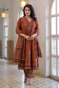Rust Cotton Neck-Embroidered And Printed Anarkali Suit