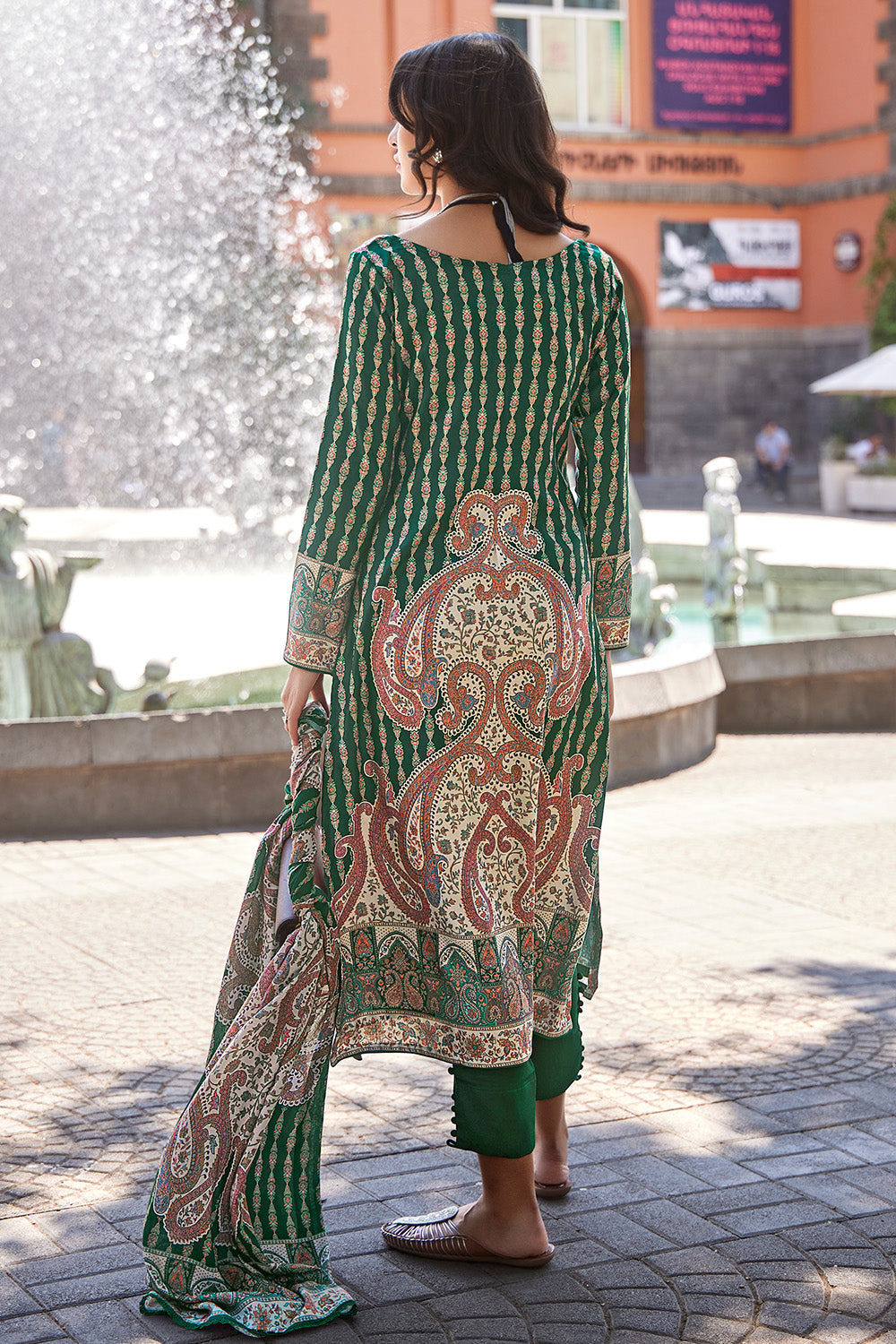 Beige & Green Color Pashmina Printed Unstitched Suit Material