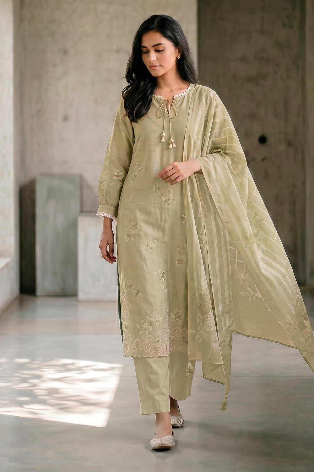 Pista Green Cotton Floral Resham Embroidered and Printed Unstitched Suit Material