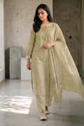 Pista Green Cotton Floral Resham Embroidered and Printed Unstitched Suit Material