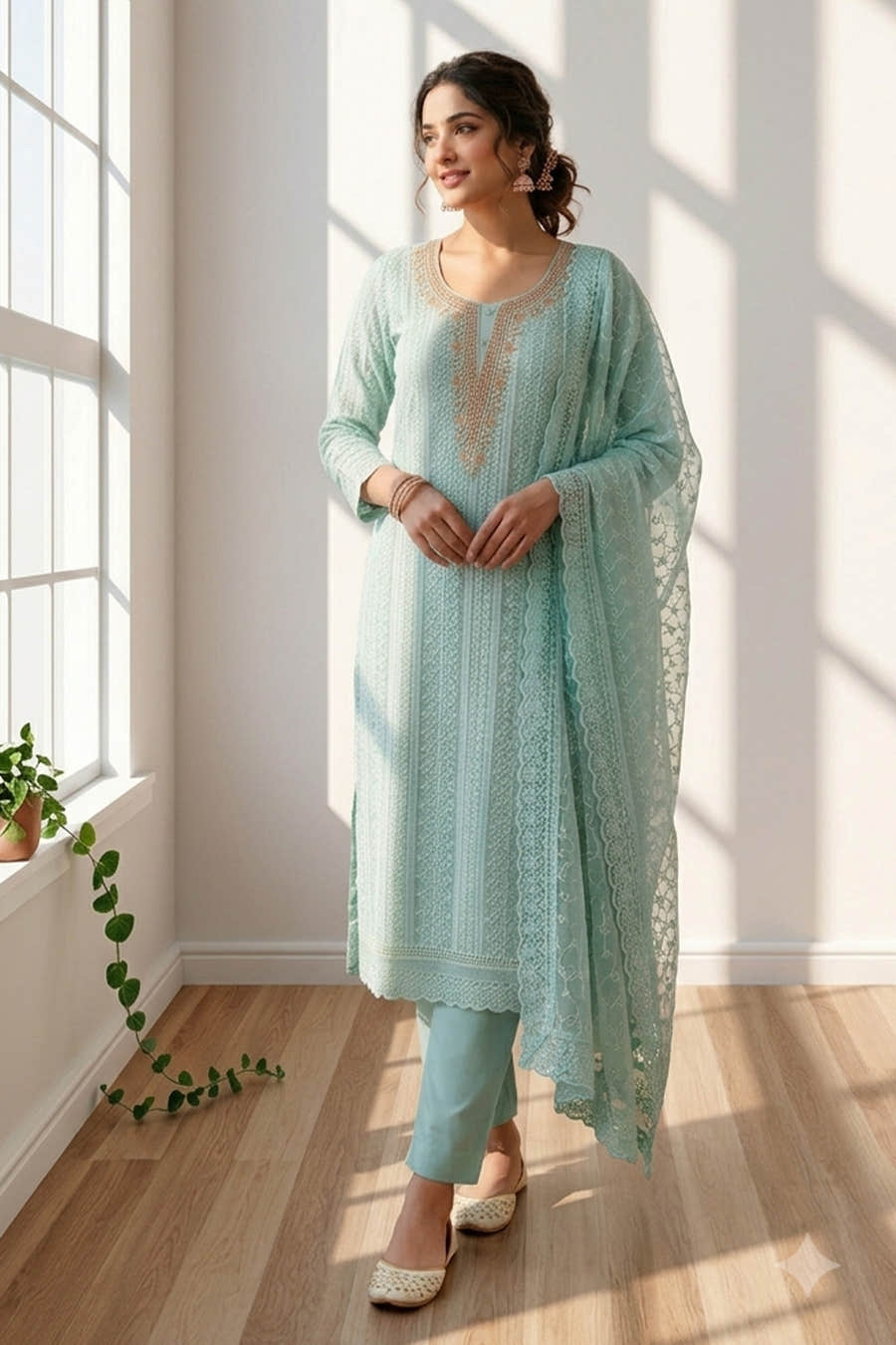 Mint Green Georgette Chikankari Work Unstiched Suit