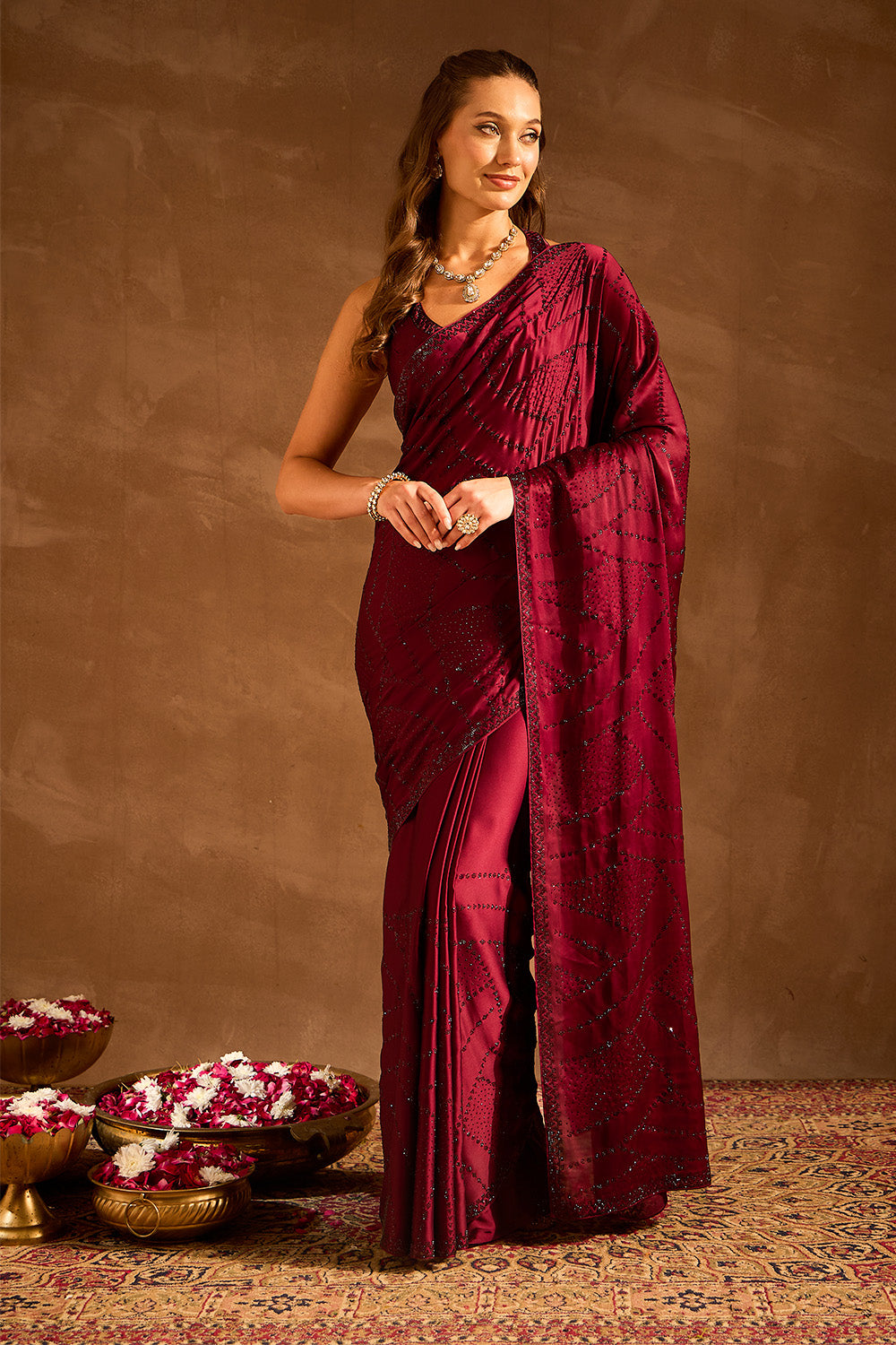 Dark Scarlet Swarovski Work Satin Saree