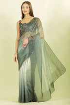Ombre Sage Green Organza Saree With Mirror Work
