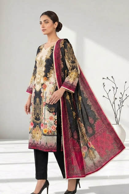 Black Chanderi Silk Printed Straight Suit