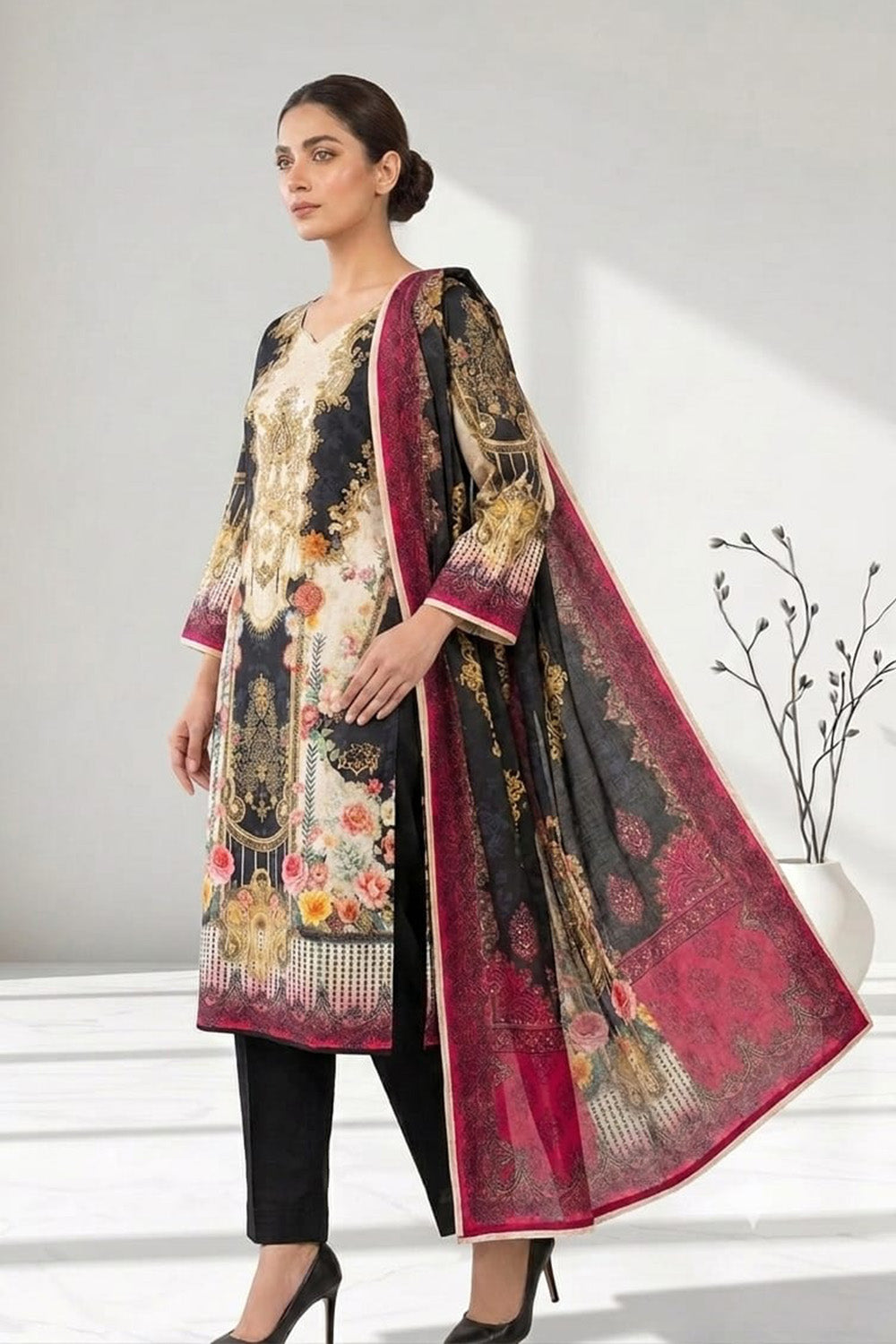 Black Chanderi Silk Printed Straight Suit