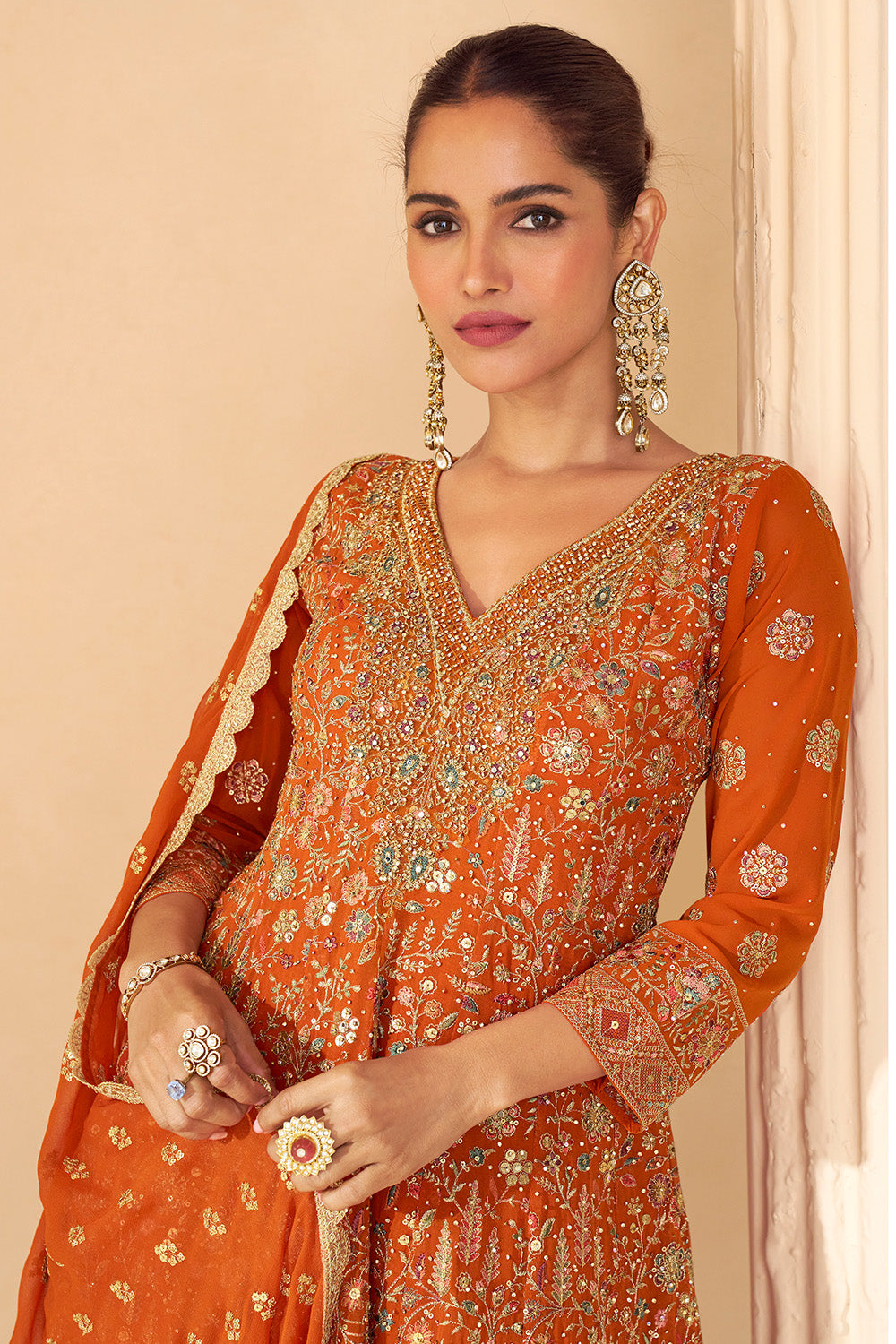 Orange Georgette Zari And Sequins Embroidered Suit With Embroidered Palazzo
