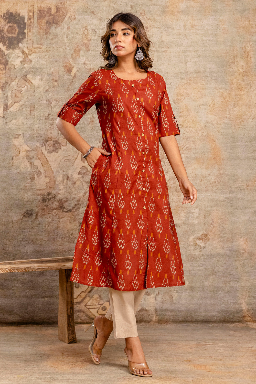Maroon Cotton Printed Kurta Set