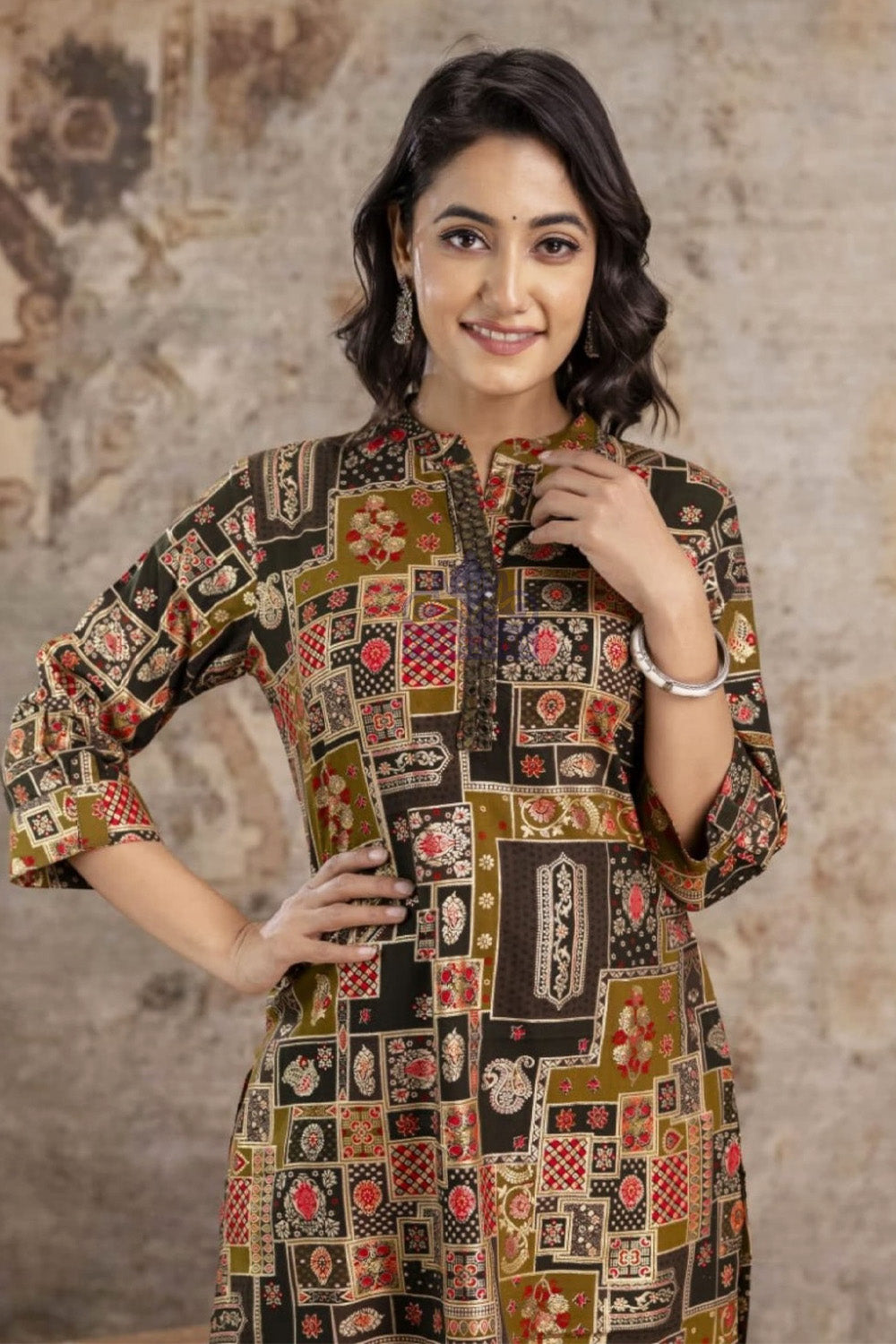 Olive Green Printed Rayon Co-Ord Set