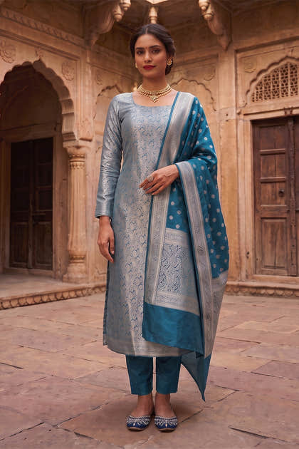Teal Blue Banarsi Silk Woven Unstitched Suit Material