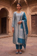 Teal Blue Banarsi Silk Woven Unstitched Suit Material