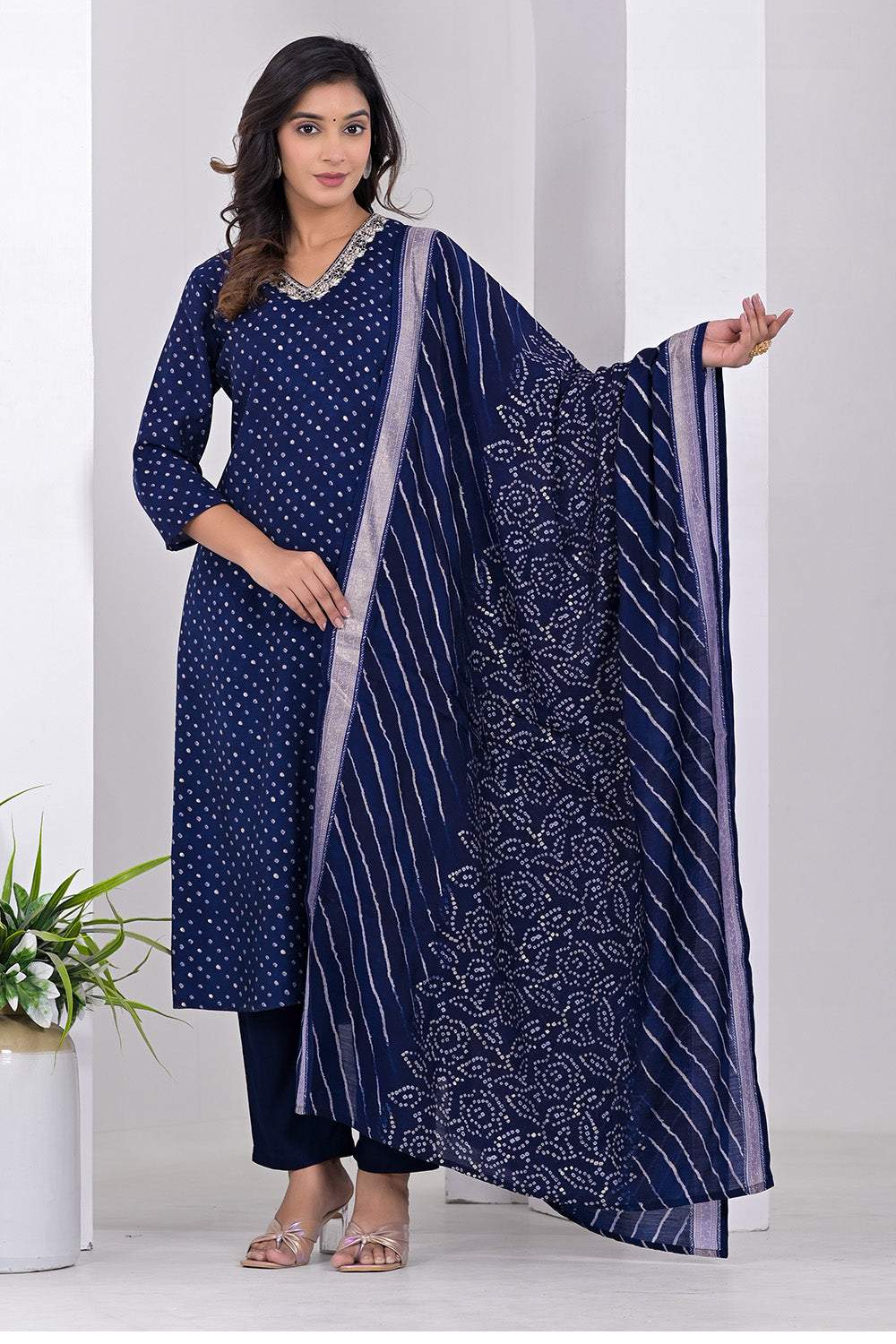 Navy Blue Color Neck Embroidered Printed Muslin Suit